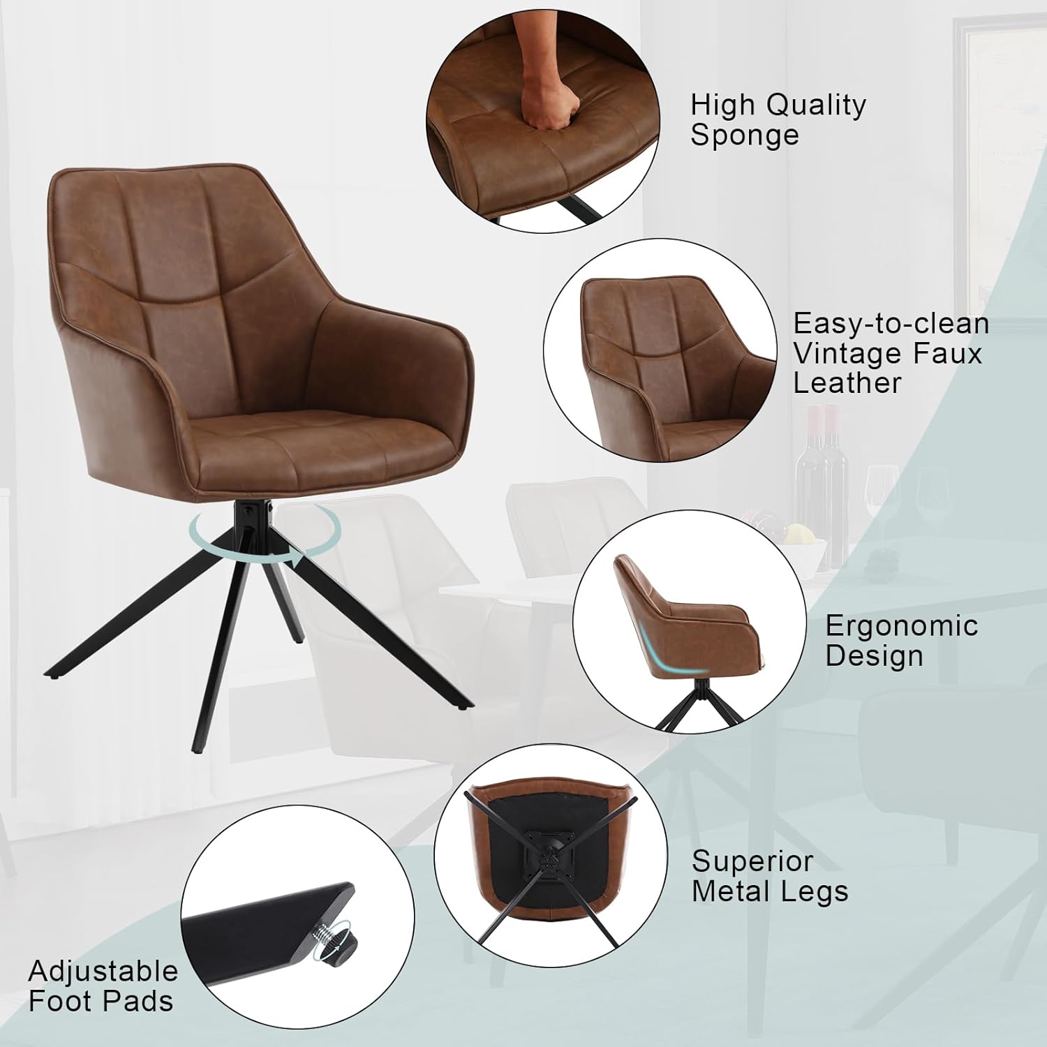 WOLTU Esszimmerstühle drehbar 2er Set, für Esszimmer Wohnzimmer Küche, Küchenstühle gepolstert mit Armlehnen, Metallbeinen, aus Vintage Kunstleder, Hellbraun
