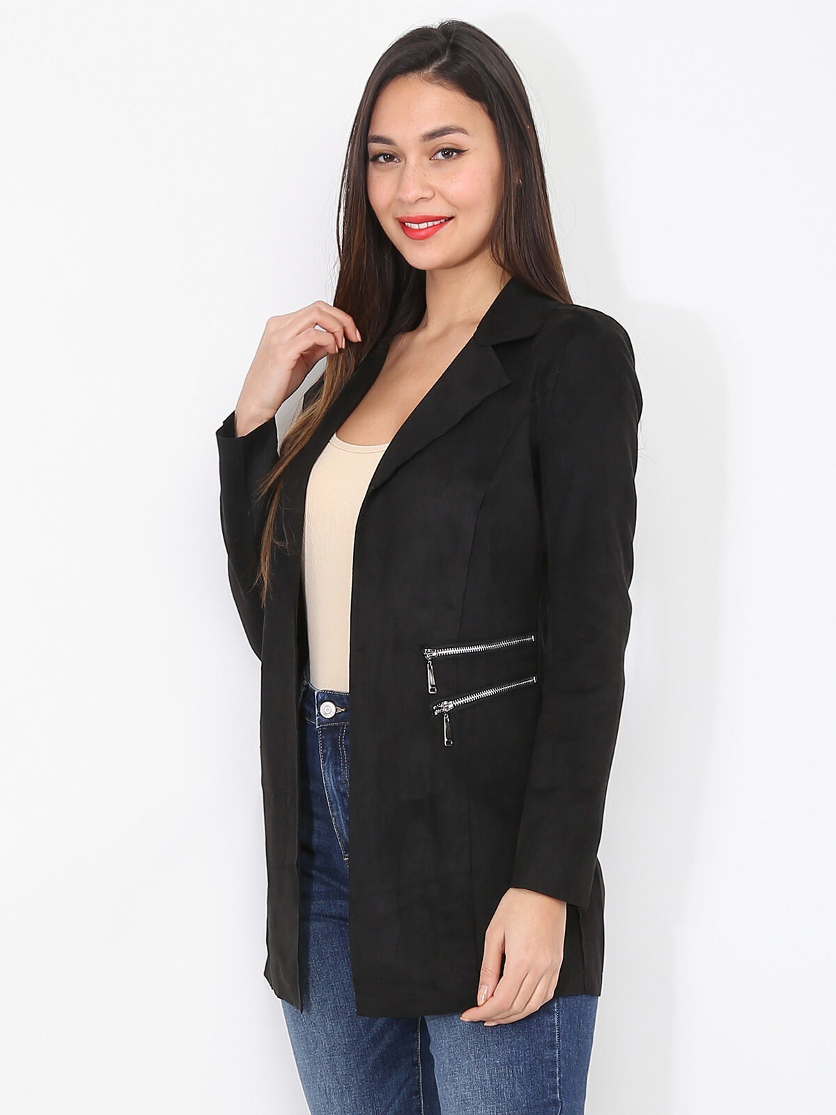 Veste longue en suédine à zips- Noir