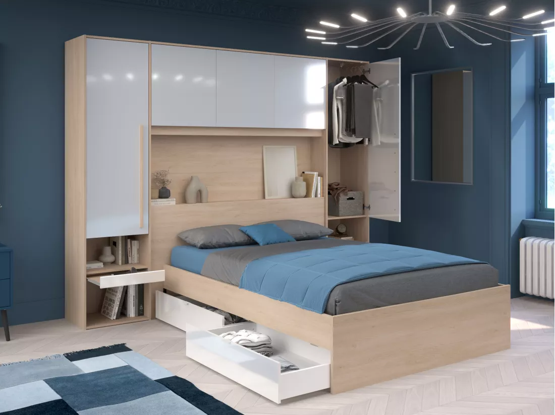 Lit pont 140 x 190 cm avec rangements - Avec LEDs - Coloris : Naturel et blanc brillant - VELONA
