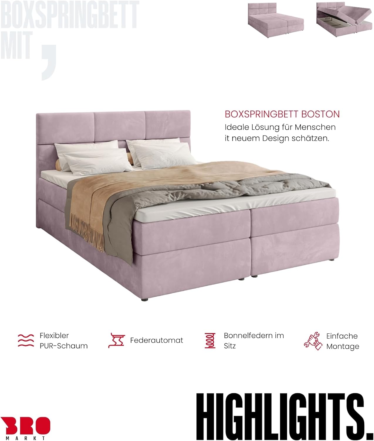 BROMARKT Boxspringbett mit Bettkasten Polsterbett mit Bonell-Matratze und Topper Doppelbett mit Stauraum Bett für Schlafzimmer gepolstertes Kopfteil Boston 160x200 Härtegrad H3 Samtstoff Puderrosa