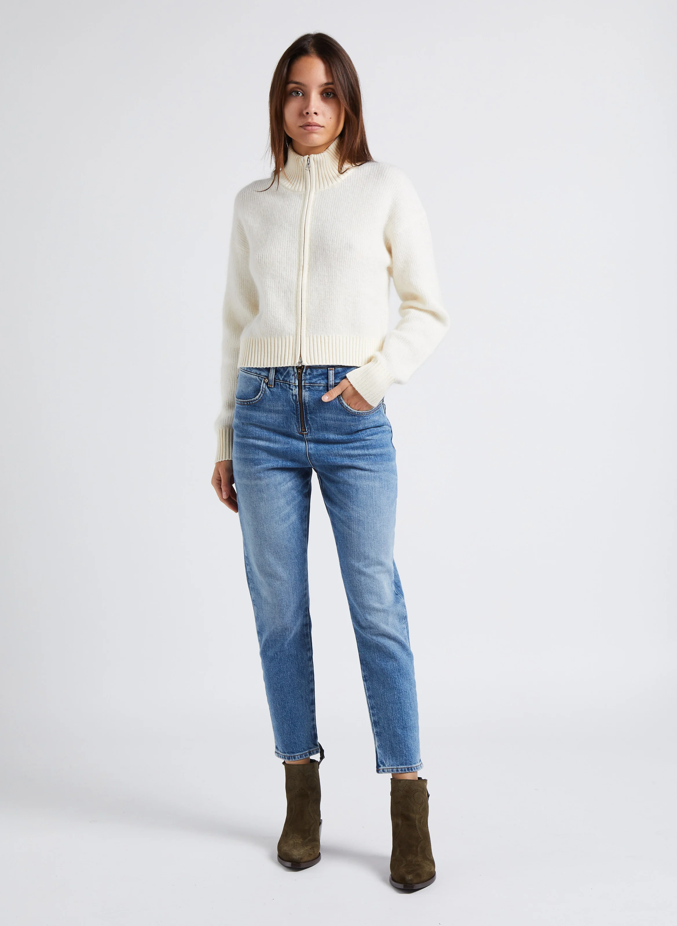 JEANNE - Pull col montant zippé en laine mélangée | Beige