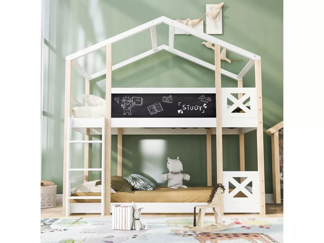 Lit superposé cabane en pin massif avec barrières anti-chutes + échelle + tableau noir - 90x200cm - Naturel & Blanc