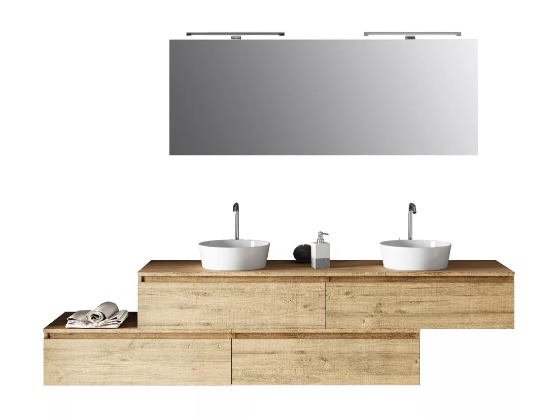 Ensemble de salle de bain double vasque 9 pièces ASTRA chêne miel