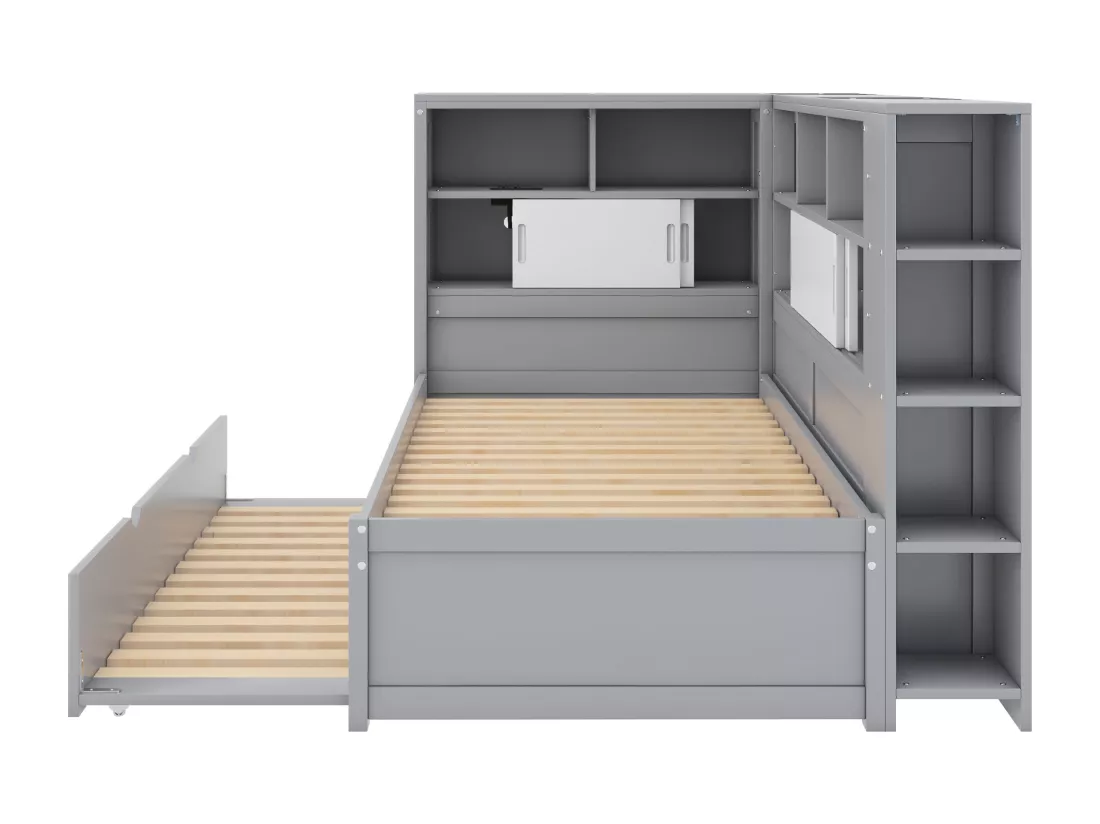 Lit gigogne en bois 90x200cm avec Ports de charge USB - entouré d'un cercle de rangements - Gris