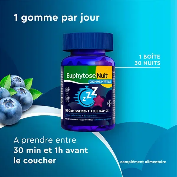 Gomas de mascar Euphytose Night Blueberry Sleep com melatonina, 30 unidades.