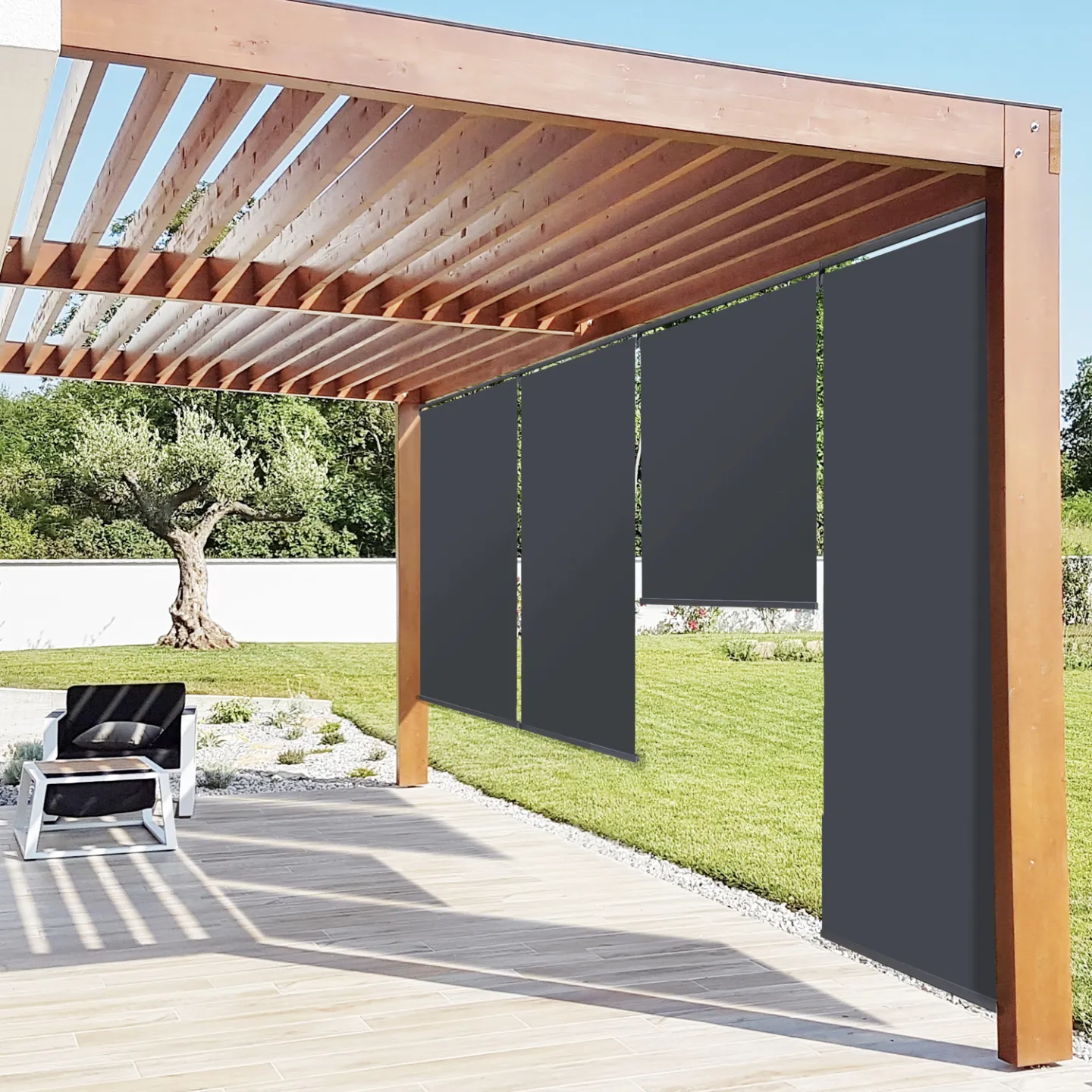 Lot de 3 stores enrouleurs L.124 x H. 225 CM pour pergola gris anthracite