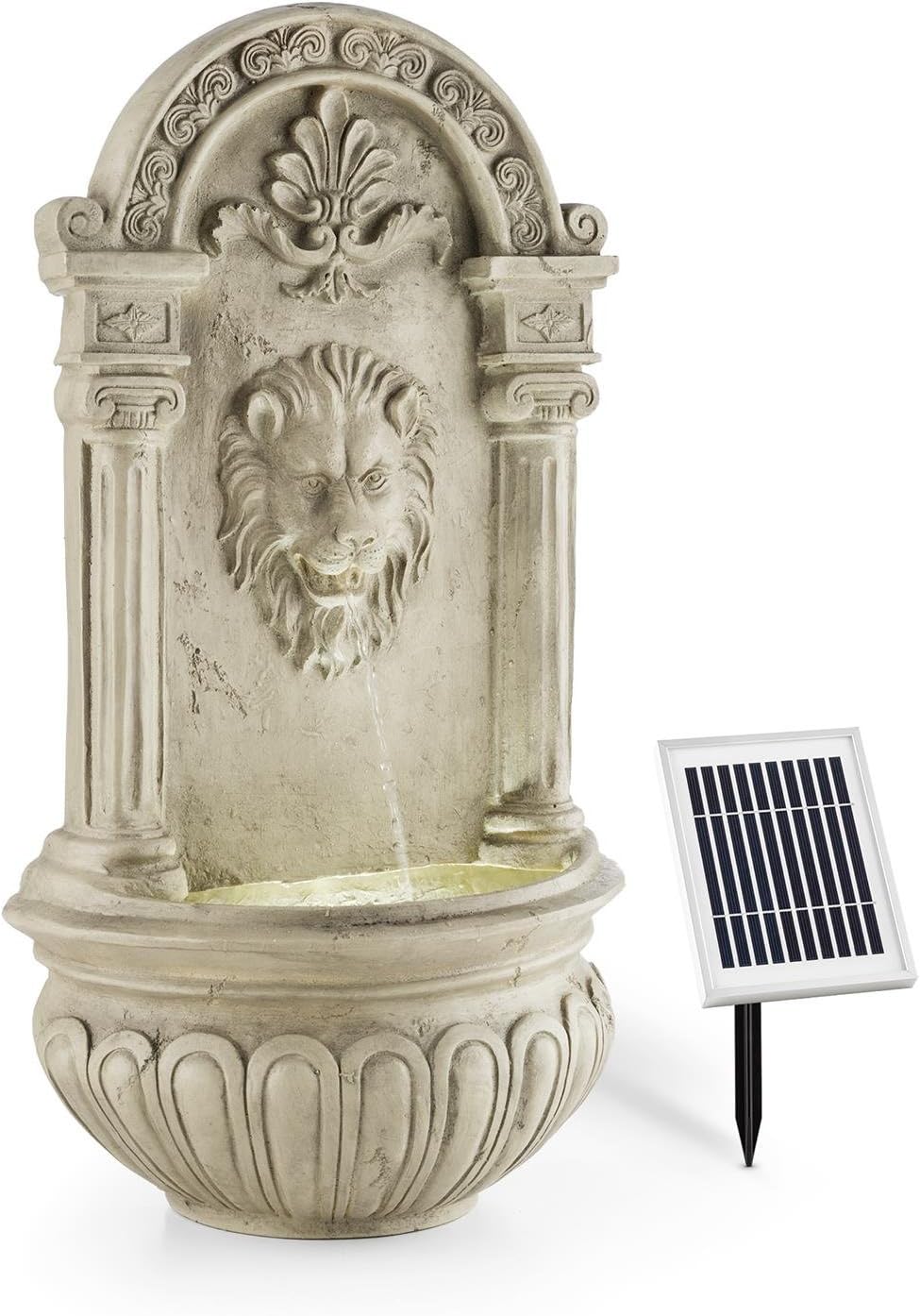 blumfeldt Löwenstein Gartenbrunnen mit LED-Beleuchtung - Löwenkopf Edition, Wandbrunnen antik, Zierbrunnen, Outdoor, Solarpanel, Akku: 2000 mAh, Dämmerungssensor, Naturstein-Optik, grau