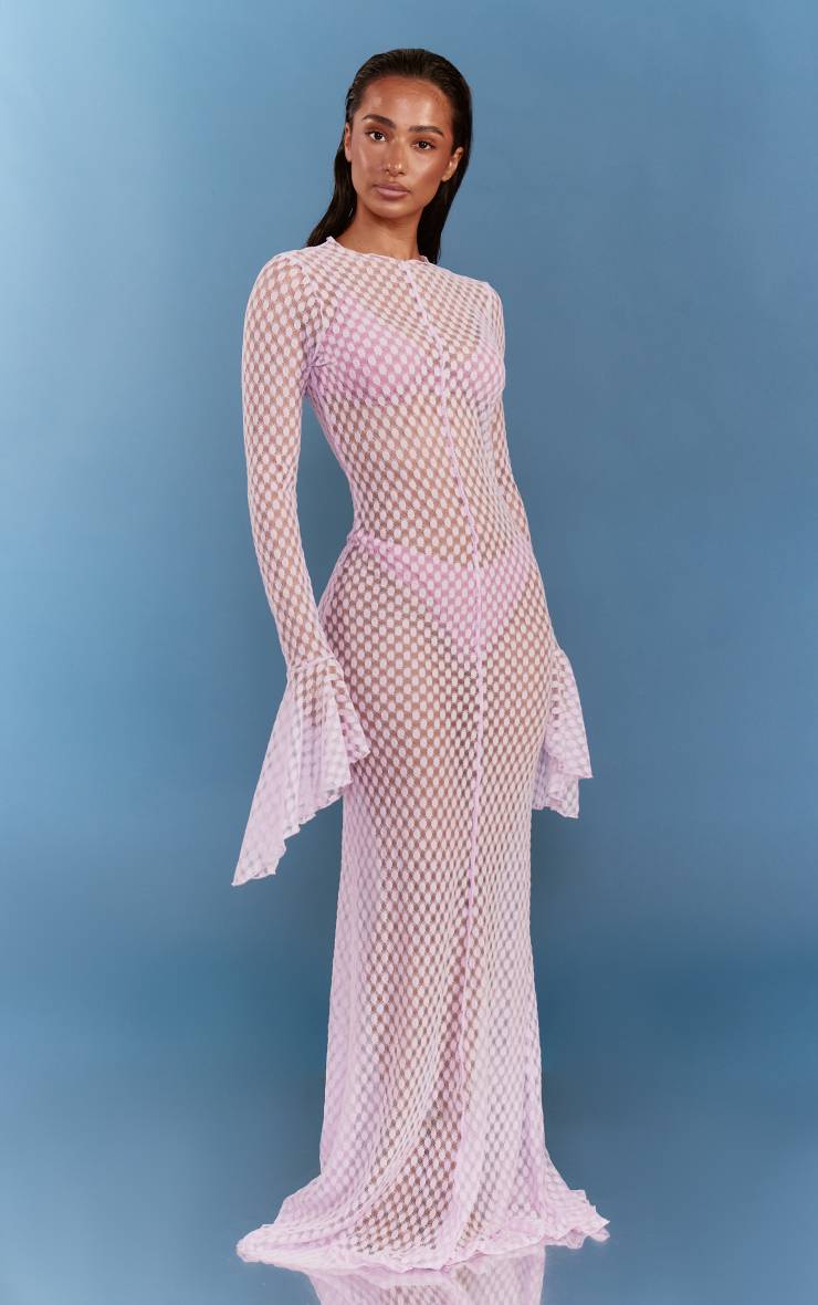 Lilas Robe De Plage Maxi Transparente À Manches Évasées Texturées
