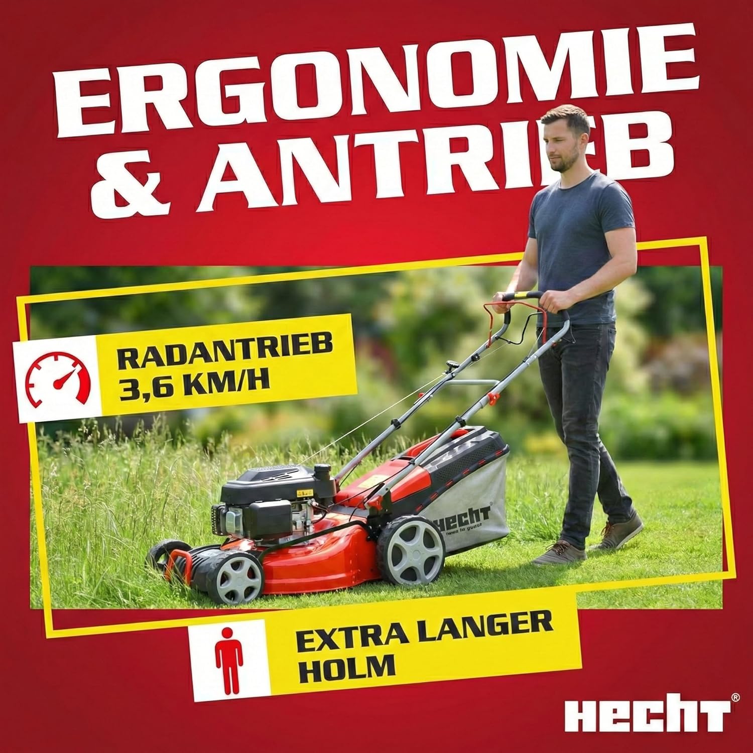 HECHT 5IN1 Rasenmäher Benzin – Bequemer Selbstantrieb - Für Flächen bis 1000 m² - Starker 4 Takt Motor mit 46 cm Schnittbreite – Radantrieb – Mulchfunktion – Seitenauswurf - Rasenmäher Benzin