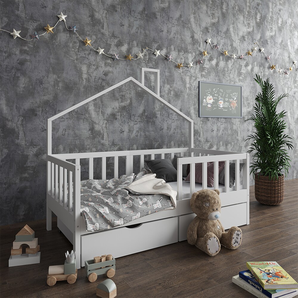 Vicco Hausbett Kinderbett Justus Weiß 70 x 140 cm mit Schublade & Matratze