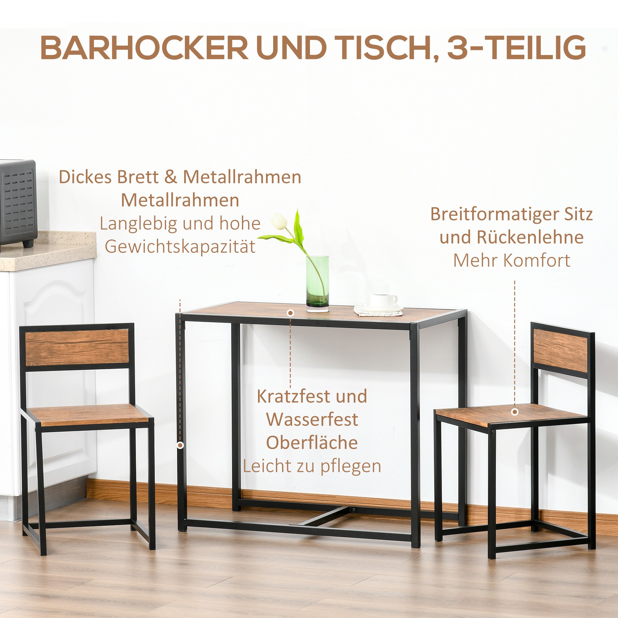 HOMCOM Essgruppe mit 2 Stühlen schwarz, natur 90L x 47B x 76H cm
