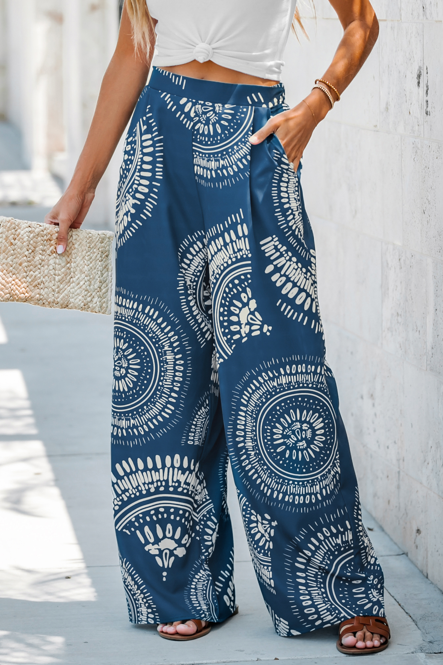 Pantalon taille haute à imprimé orné