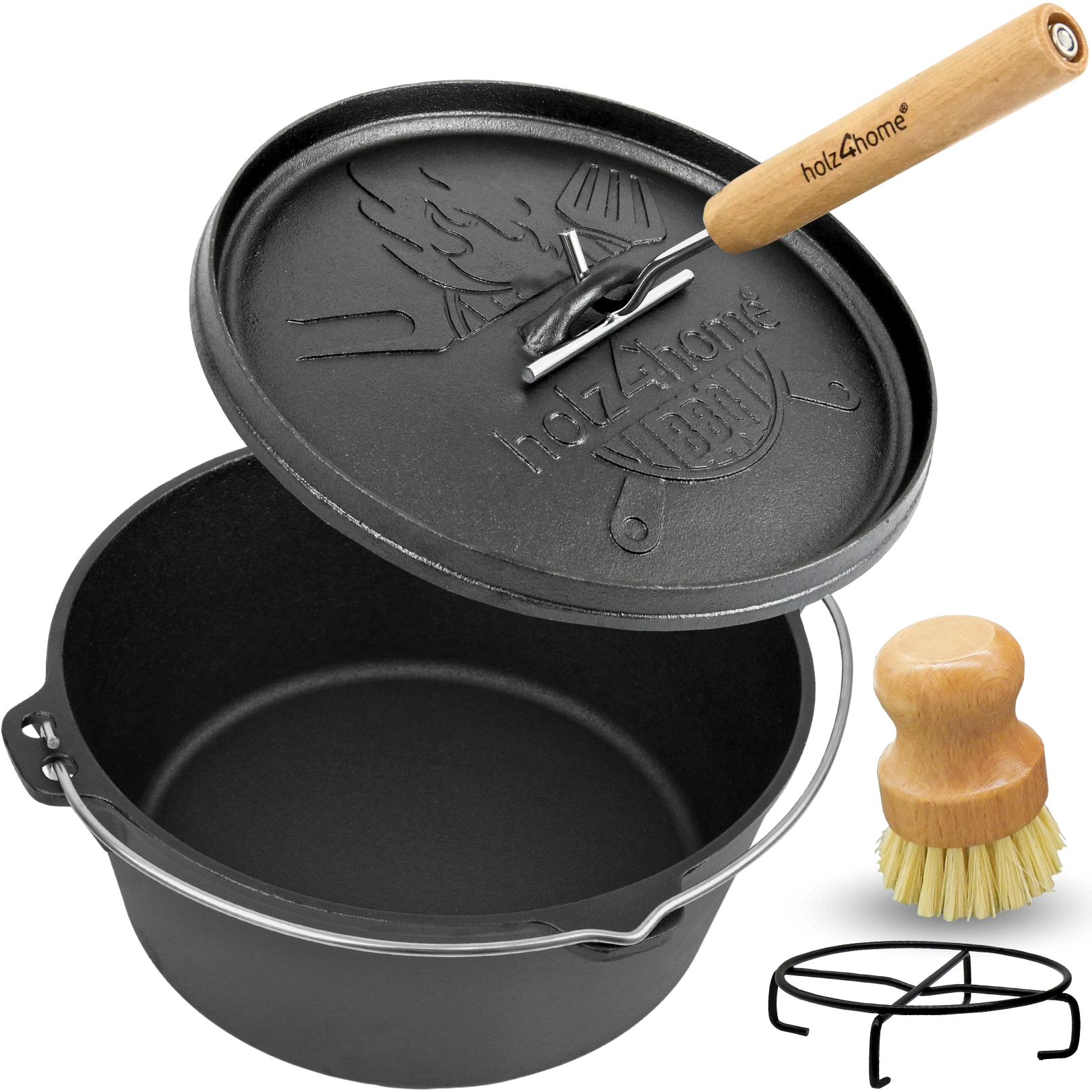 holz4home® Dutch Oven ohne Füße I eingebrannter Feuertopf aus Gusseisen I inkl. Deckelheber, Topfständer und Reinigungsbürste | 9 Liter