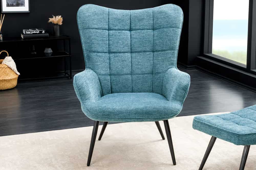 Moderner Sessel SCANDINAVIA blau Strukturstoff schwarz Metall mit Armlehne