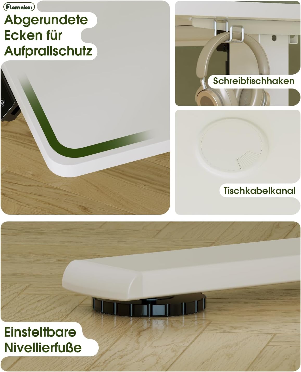 Flamaker Höhenverstellbarer Schreibtisch Ganze Tischplatte 140 x 60 cm, Schreibtisch Höhenverstellbar Elektrisch mit Memory Steuerung, Gaming Tisch mit Sitzende Erinnerung und USB-Aufladung (Weiß)