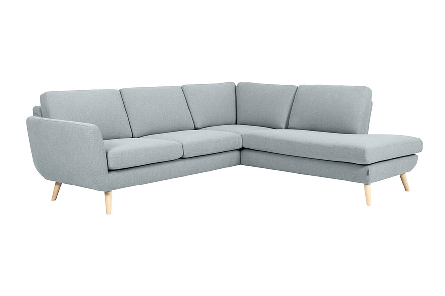 Sun hjørnesofa 2,5-seter med åpen ende høyre. I Cortina Silver med ubehandlede treben.