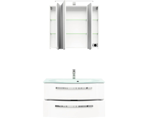 3-delige badkamermeubelset Pelipal xpressline 4005 BxHxD 92 x 200 x 49,1 cm, hoogglans witte fronten, met witte glazen wastafel en glazen wastafelmeubel, wastafelkast, spiegelkast met LED-verlichting, chromen greep, 992.0900111 9920900111