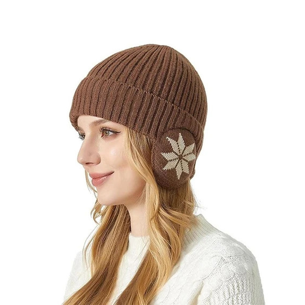 Unisex Strickmütze Ohrenwärmer Winter Mütze Schneeflocken Design (One Size) - Weiss