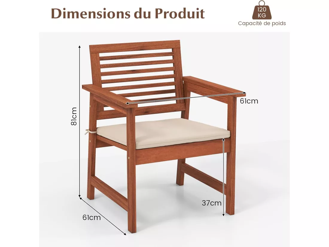Lot de 2 Chaises de Jardin en Bois Massif avec Coussin Amovible, Fauteuil de Jardin à Lattes, Siège d’Extérieur pour Terrasse, Balcon, Porche, Bord de Piscine, Charge 120 KG