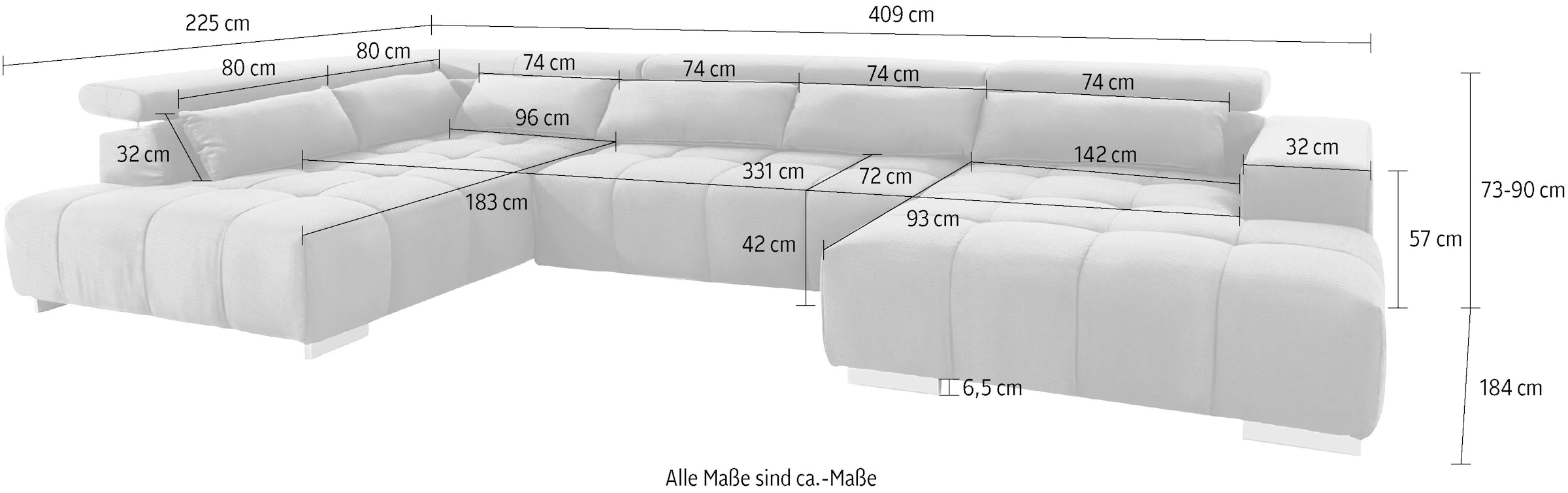 COTTA Wohnlandschaft »Orion U-Form« mit Kopfteilverstellung & 6 Nierenkissen