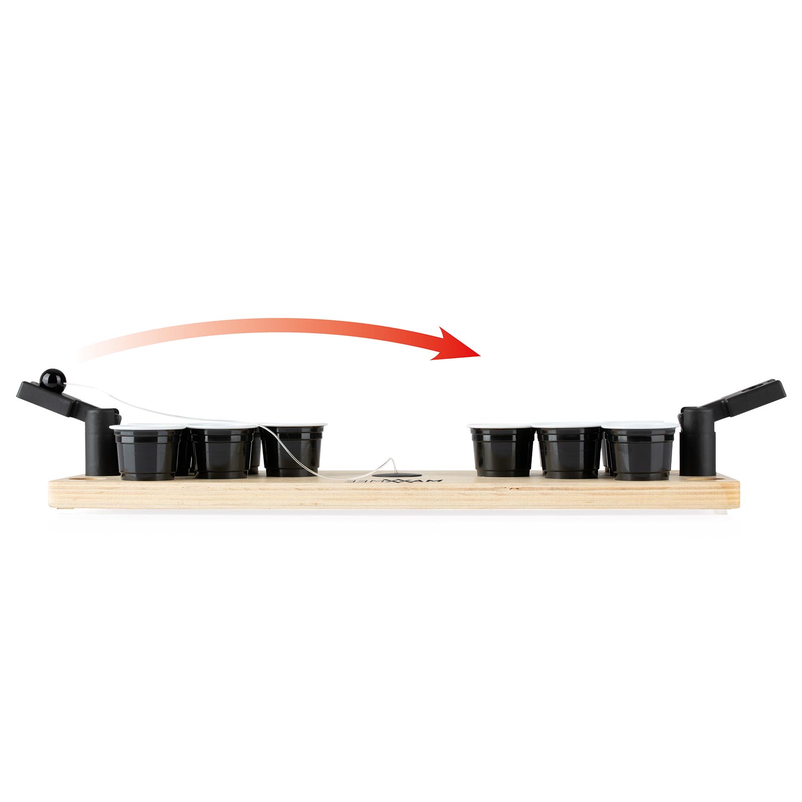 MAXXMEE Tischspiel Bier Pong - holzfarben-schwarz - Holzbrett - Ball mit Seil - 24 Trinkbecher