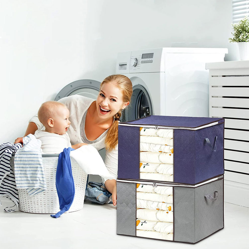 (3er Set) 60x40x35cm Aufbewahrungs Tasche Bettwäsche Organizer Kleider Box - Grau