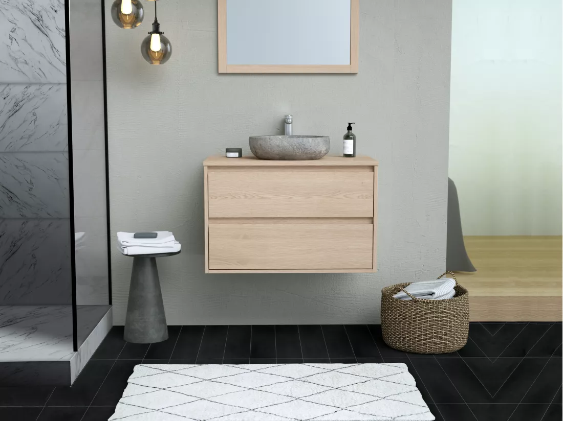Meuble de salle de bain avec vasque à poser en pierre et miroir - Placage chêne - 80 cm - MILIPAM