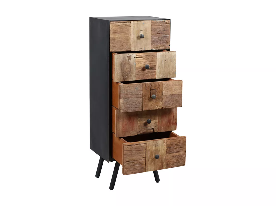 FULBERT - Chiffonnier 5 Tiroirs Acier et Bois Massif