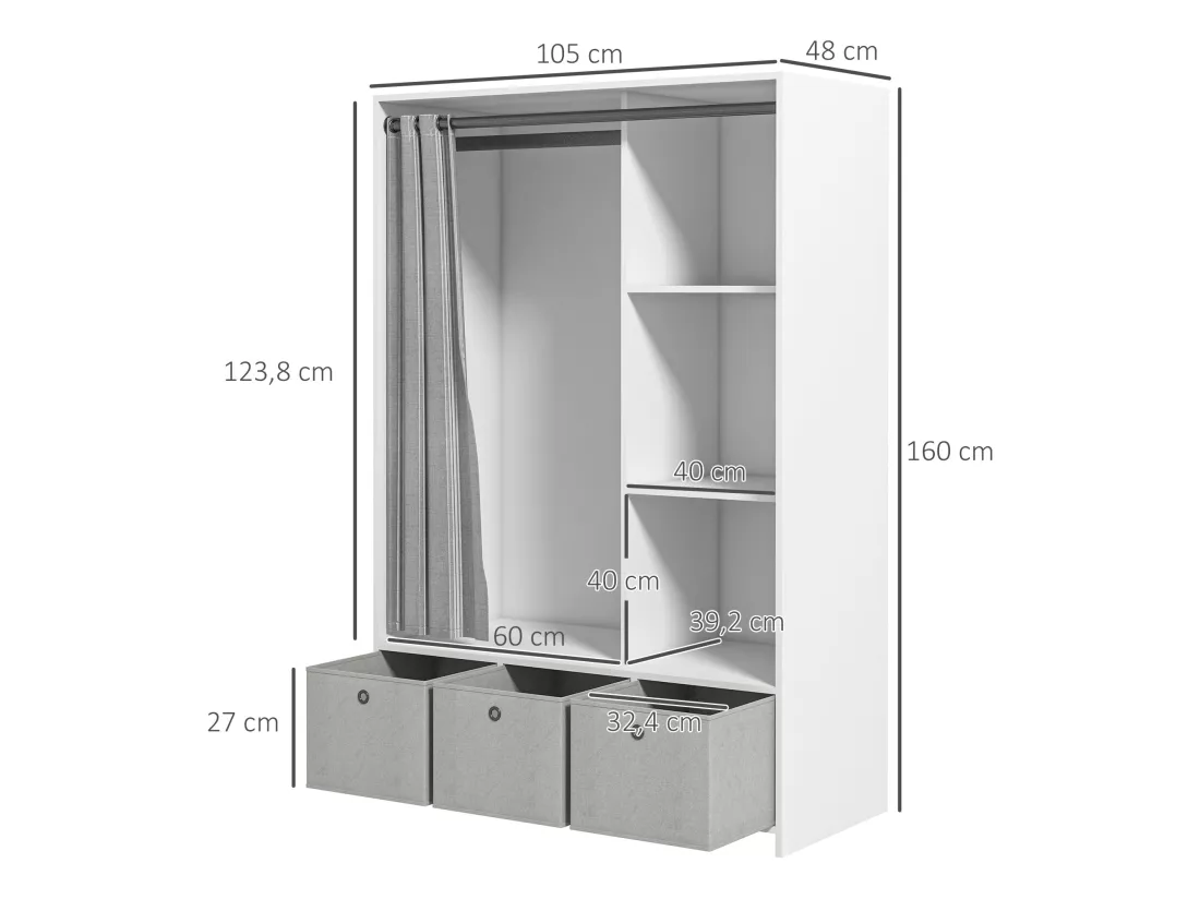 Vestiaire d'entrée - barre de penderie, 3 niches, 3 tiroirs tissu, rideau - panneaux blanc polyester lin gris clair