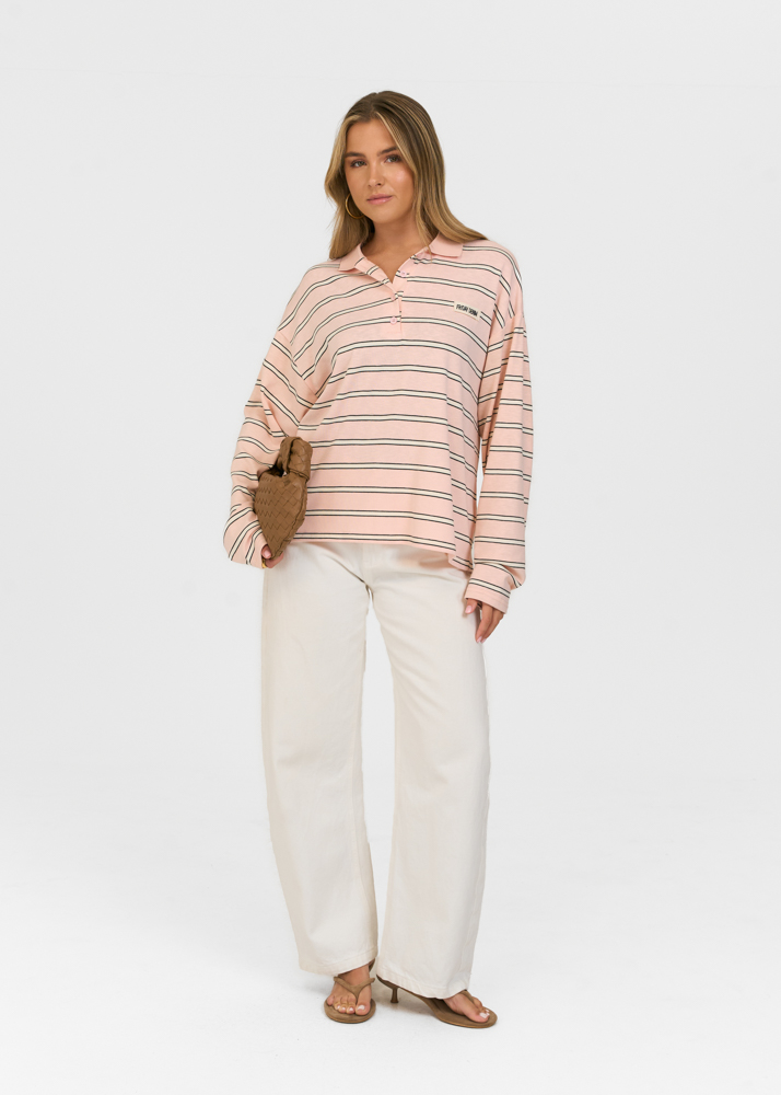 Friday Denim striped polo lichtroze