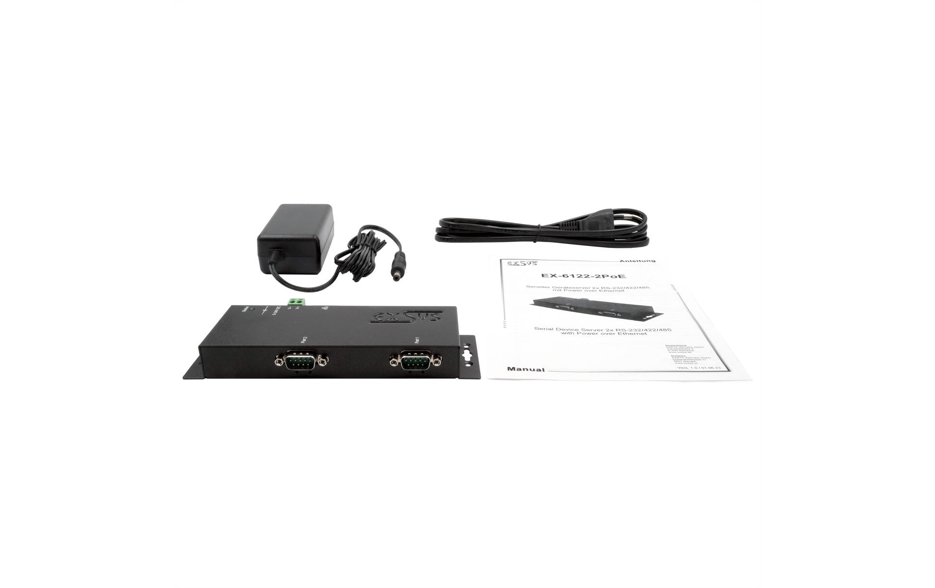 Serieller Geräteserver EX-6122-2PoE 2-Port-RS-232/422/485<br>Ethernet PoE zu 2x RS-232/422/485 port, inkl. 12V/3A Netzteil