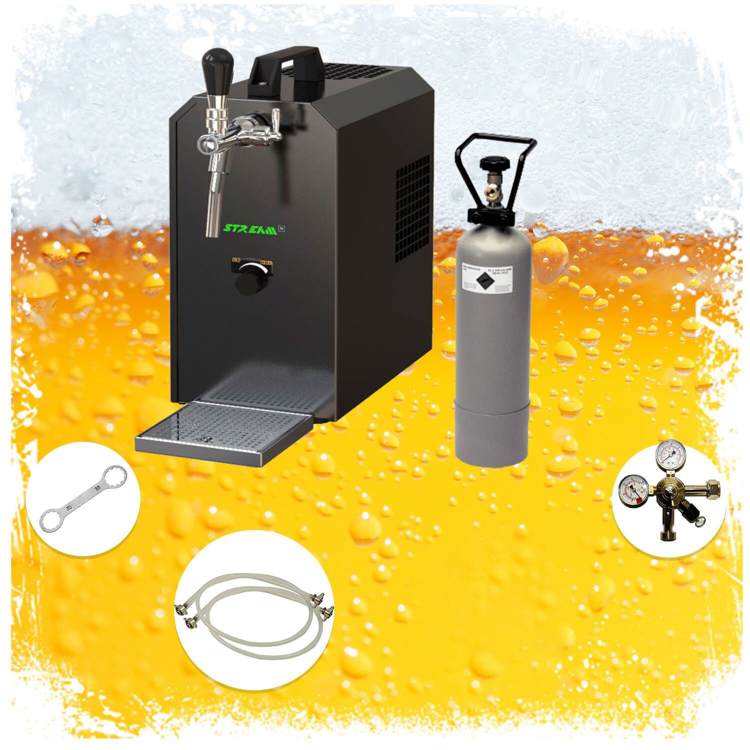 Komplett Set - Zapfanlage STREAM 50 Bierkoffer, Bierzapfanlage, Durchlaufkühler 1-leitig Trockenkühler, Zapfkopf:KeyKeg