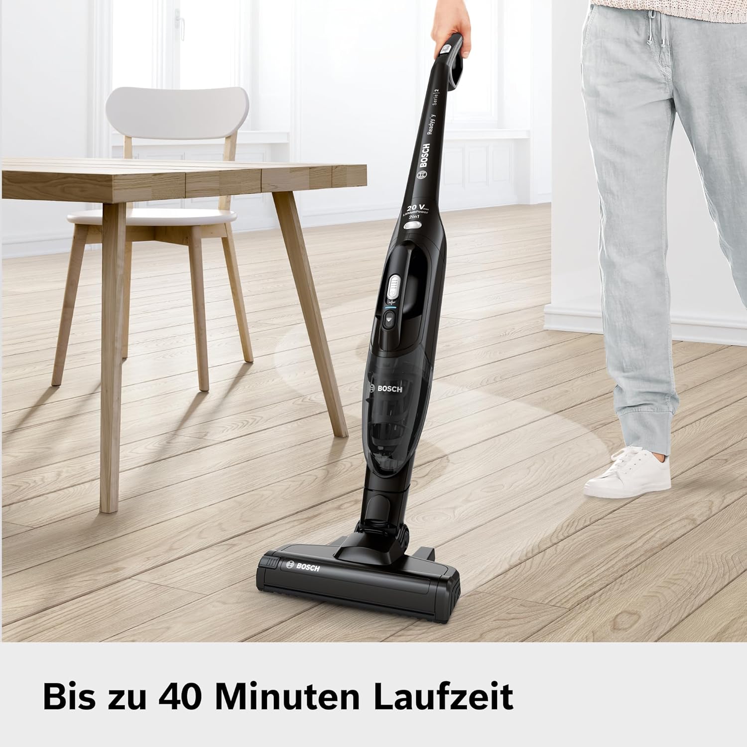 Bosch Akku-Staubsauger Readyy'y 2in1 Serie 2, 20Vmax, kabellos, beutellos, abnehmbares Handgerät, hohe Saugkraft, Lange Laufzeit, 2 Stufen, freistehend, schwarz, BBHF220