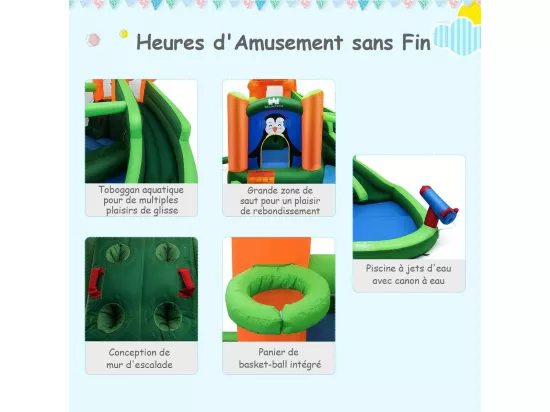 Château Gonflable avec Toboggans Aquatiques, Aire de Jeux Gonflable Piscine avec Motif de Boisgouin, Canon à Eau, Panier de Basket-Ball 3 à 10 Ans Vert Sans Souffleur 680W