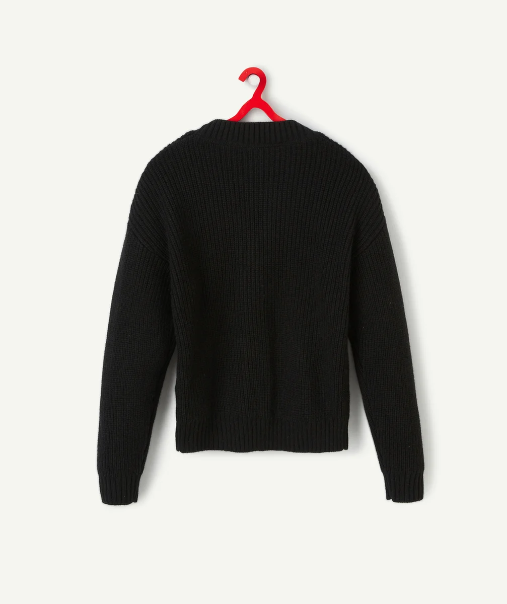 CARDIGAN TRICOT FILLE NOIR AVEC PATCH LETTRE EN BOUCLETTES