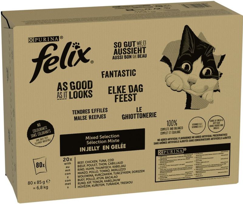 Felix Elke Dag Feest Mix Selectie in Gelei - Kattenvoer Natvoer - Kabeljauw Tonijn Rund & Kip - 80 x 85 g