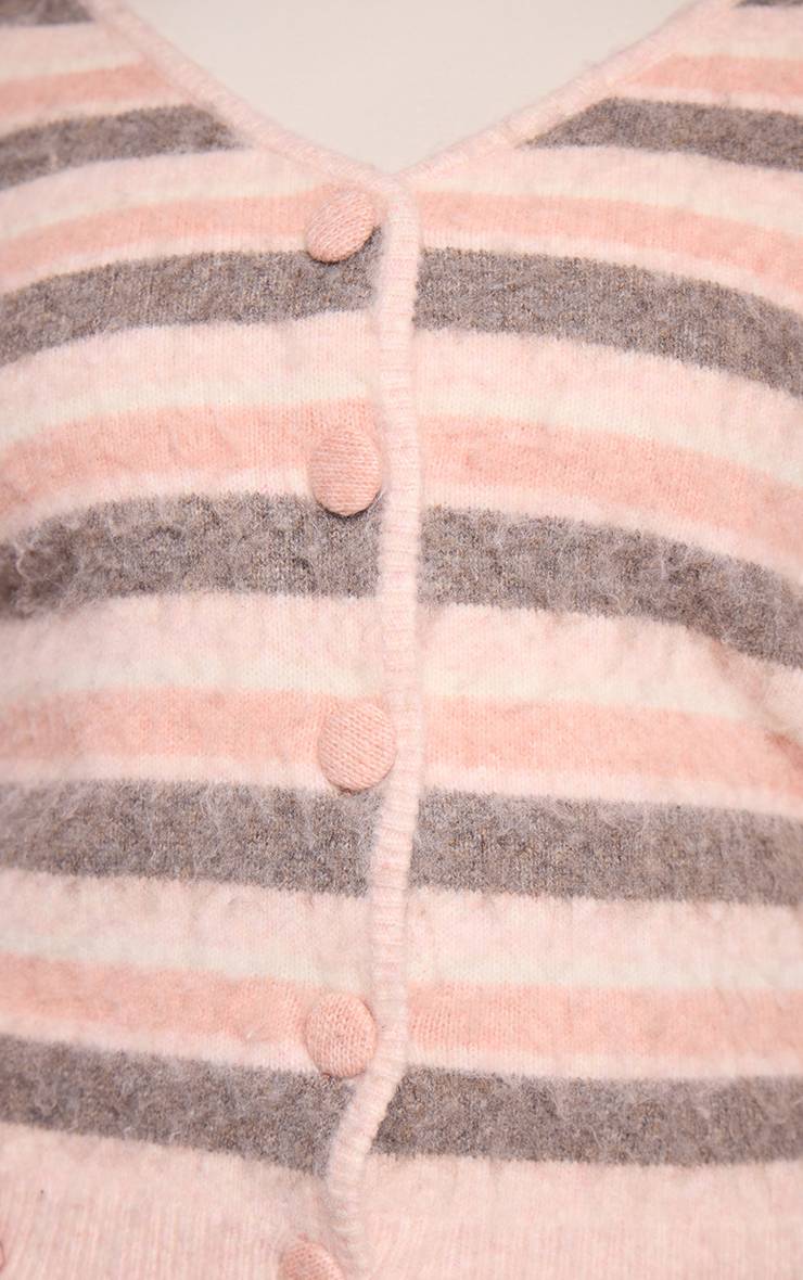 Rose Cardigan En Maille Brossée Grande Taille À Rayures Col V Et Boutons Recouverts