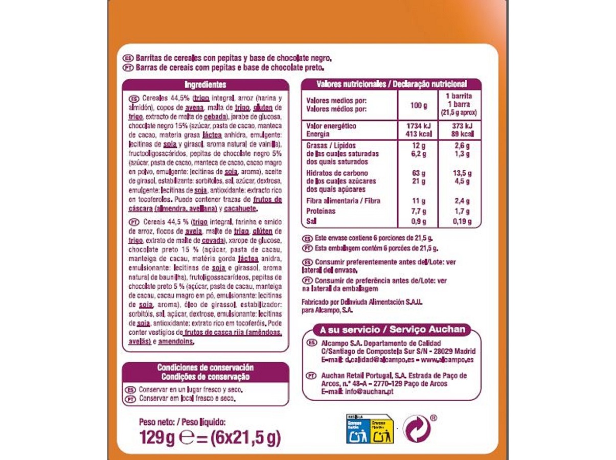 BARRAS DE CEREAIS AUCHAN CHOCOLATE PRETO 129 G 6 UN