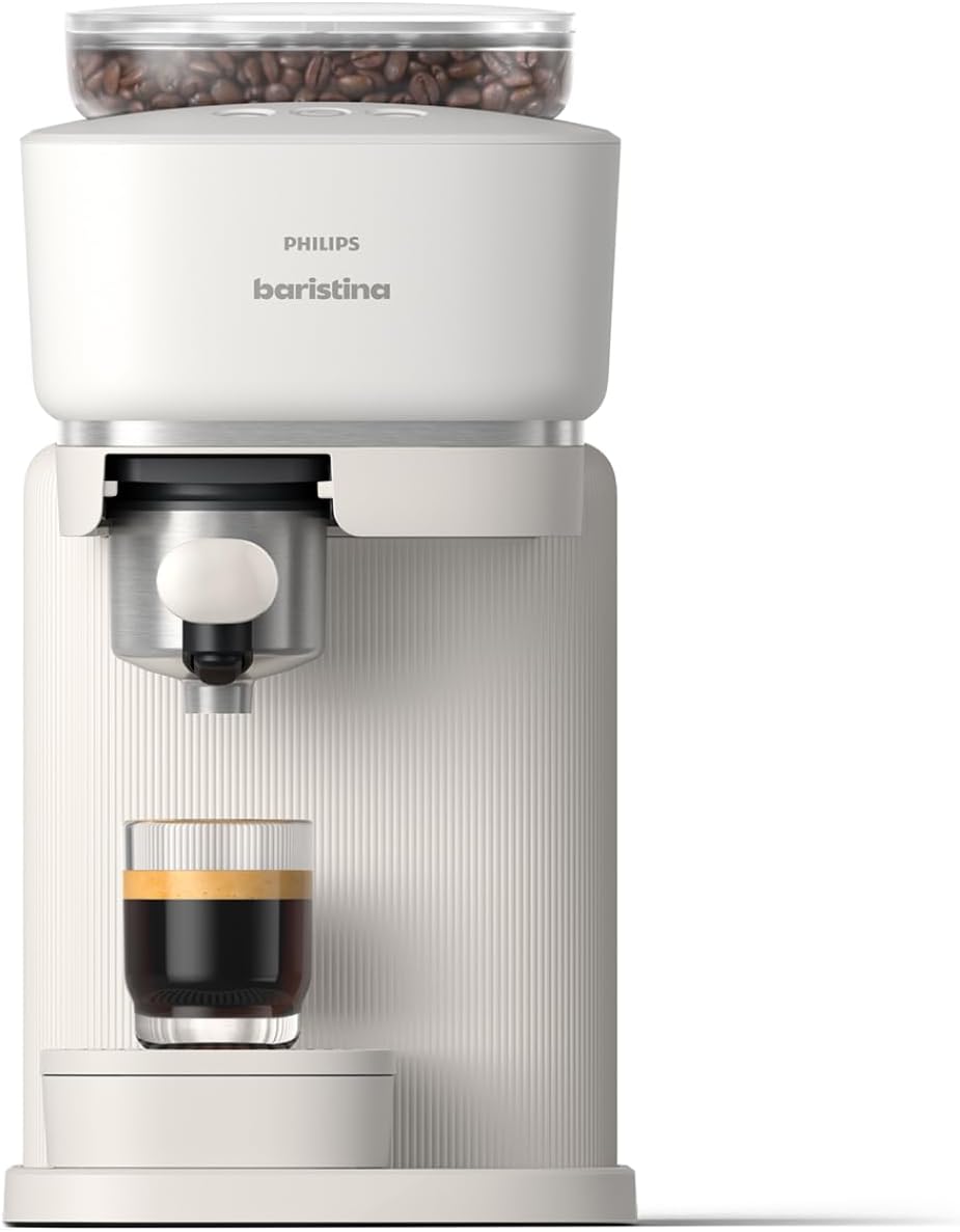 Philips Baristina Machine à expresso - Un véritable expresso, en toute simplicité - Compacte - 16 bars de pression - Broyeur intégré - Machine blanche avec porte-filtre blanc (BAR300/00)
