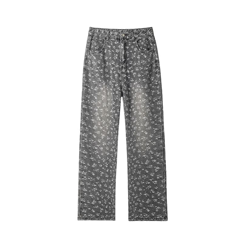Obikan - Mid Rise Flora Print Washed Wide Leg Jeans