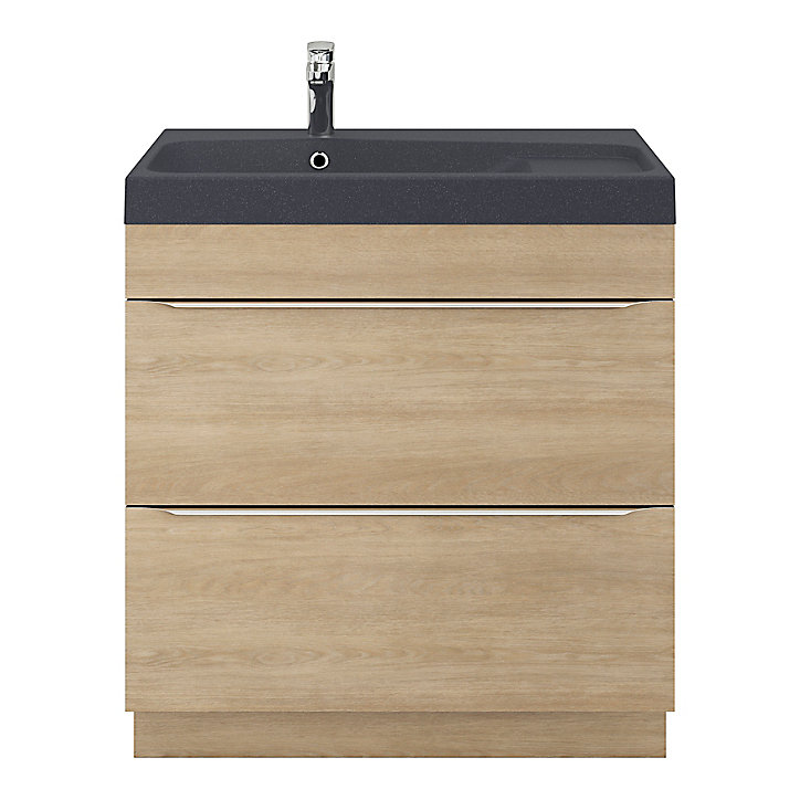 Meuble sous vasque à suspendre GoodHome Imandra bois chêne 80 cm + Plan double vasque noir GoodHome Mila 80 cm