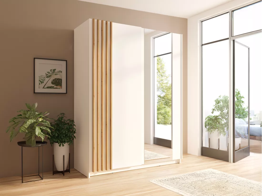 Armoire 2 portes coulissantes - Avec miroir - L150 cm - Blanc et naturel - CALELA