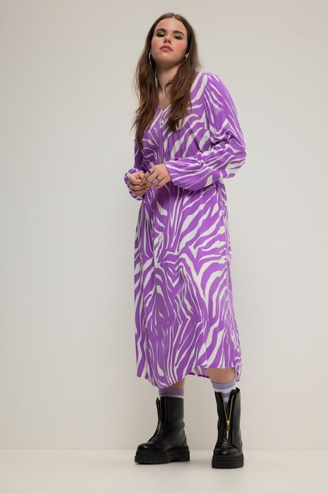 Midikleid, A-Line, Zebra-Print, V-Ausschnitt, Langarm