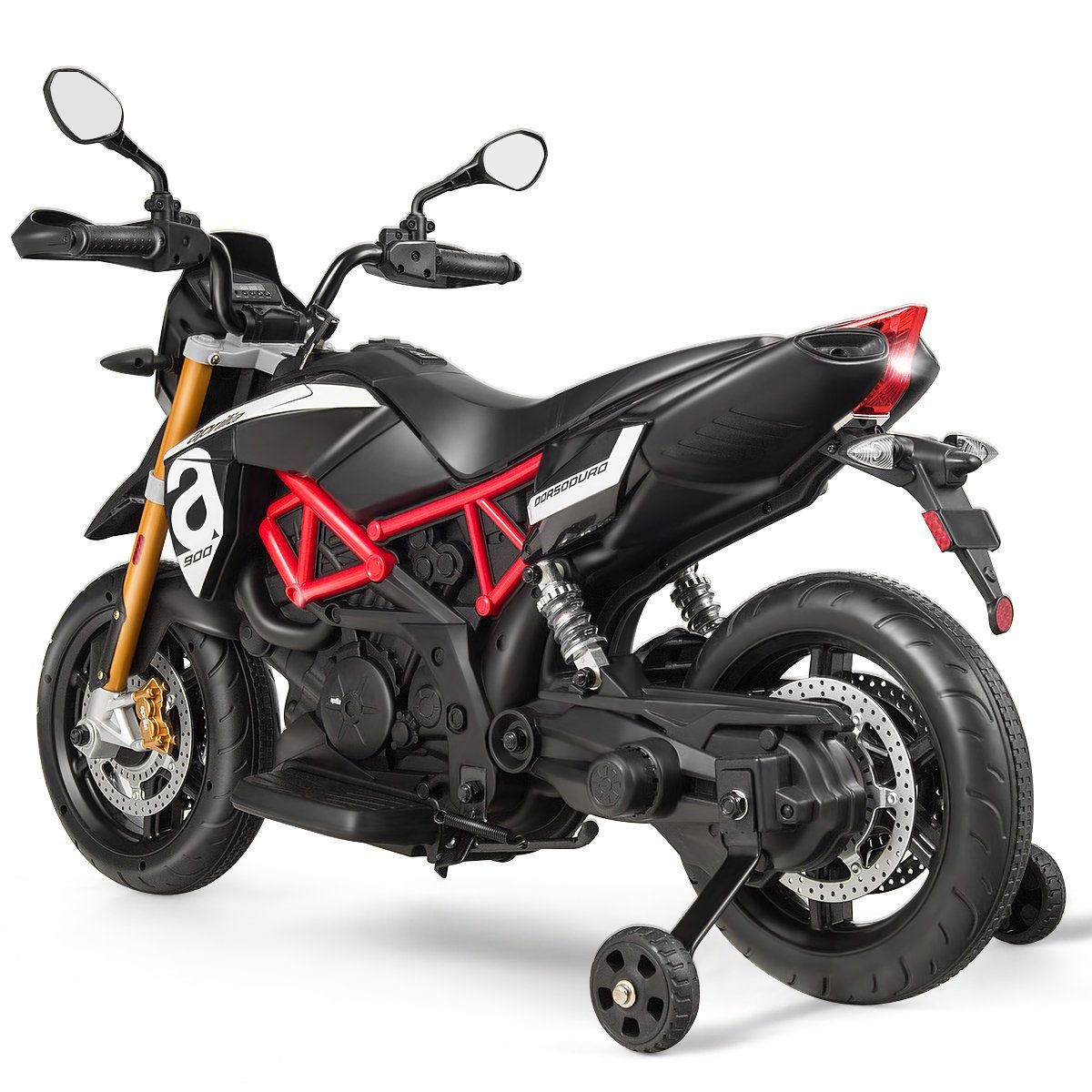 Motocicleta elétrica infantil COSTWAY, com rodinhas de apoio, LED e música.