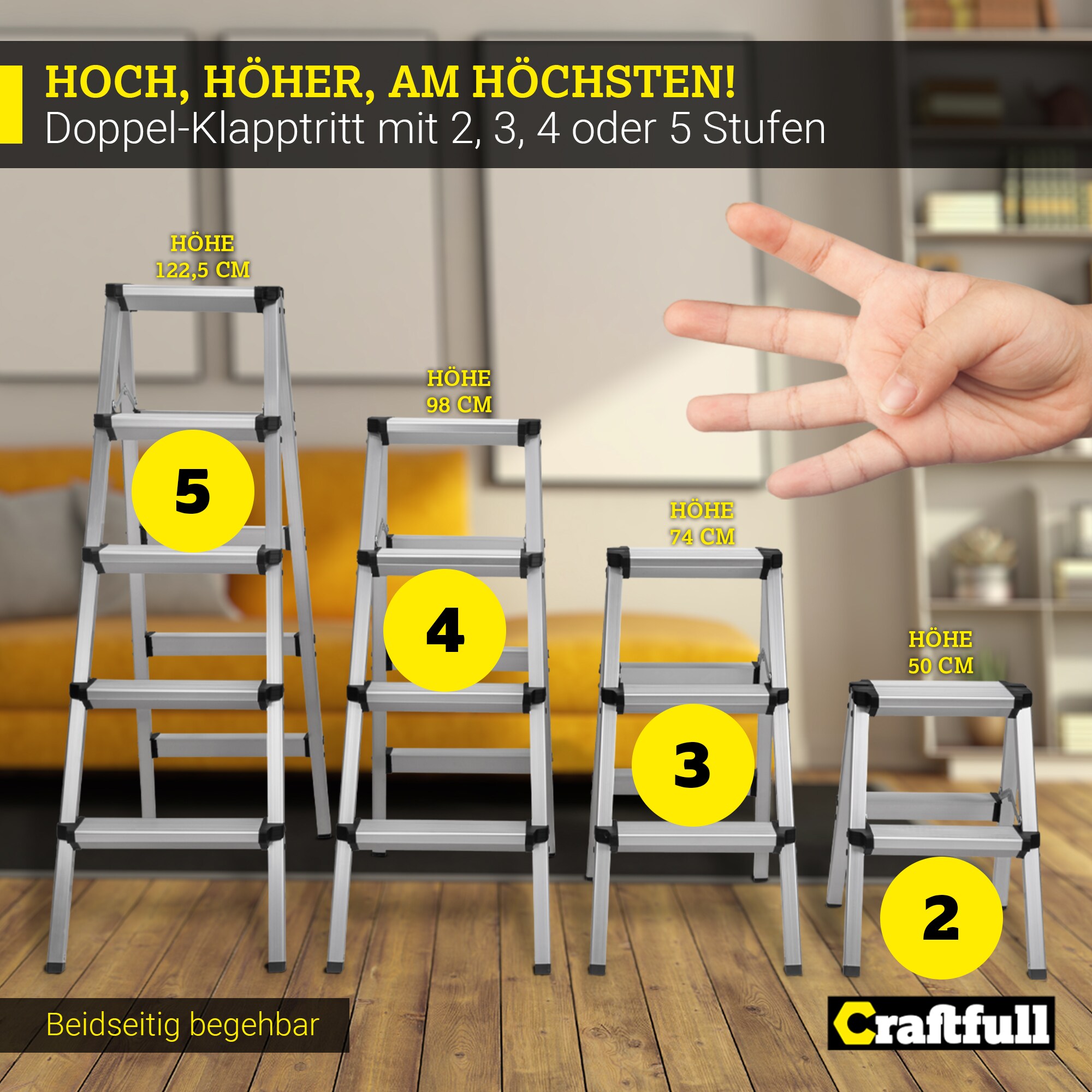 Craftfull Trittleiter CF-131A, 2-5 Stufen, Doppel-Klapptritt aus Aluminium, Anti-Rutsch, klappbar (2 x 2 Stufen)