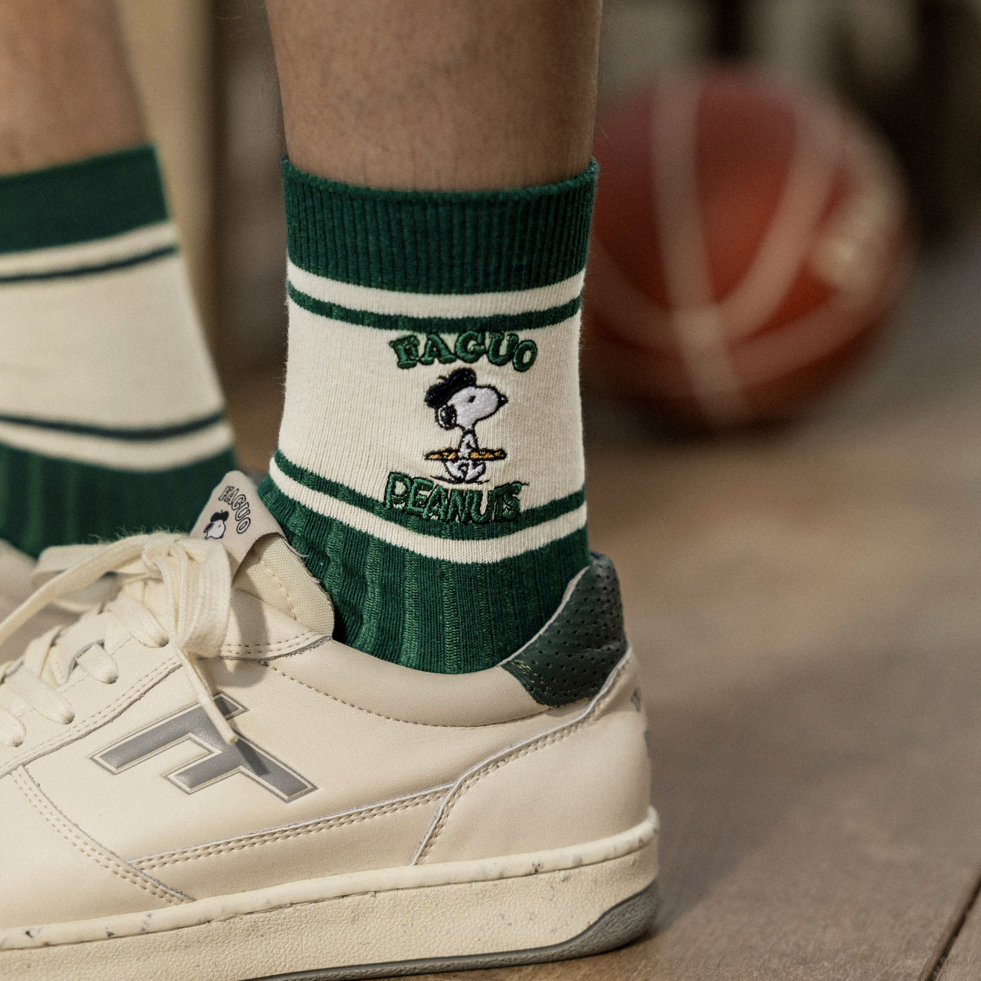 Chaussettes Peanuts écrues & vert foncé coton et polyester recyclé - modèle short socks x3
