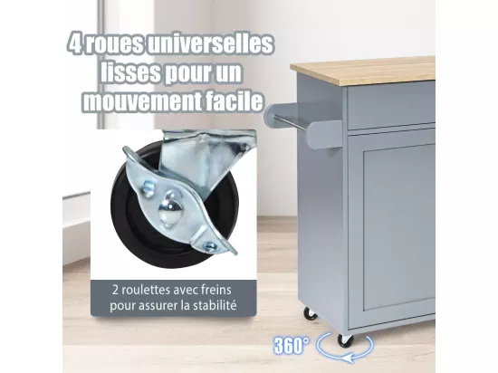 Dessert de Cuisine à roulettes Verrouillables, Ilot Central Cuisine Étagère Réglable sur 3 Niveaux, Grand Placard, Tiroir, Porte-épices et Porte-Serviettes, 40 x 116 x 85 cm (Gris)