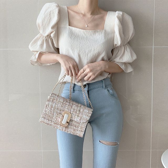Elvik - Blouse met vierkante hals en elleboogmouwen
