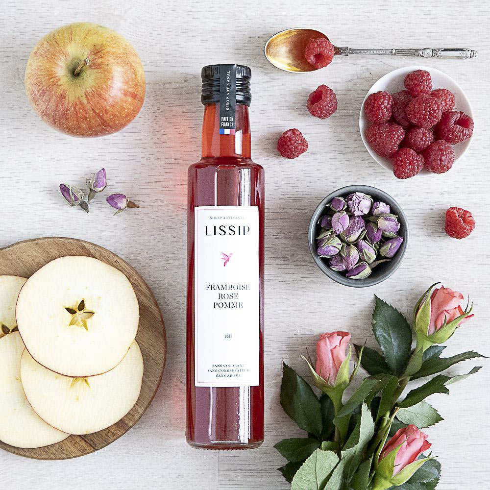 Sirop artisanal de framboise, rose et pomme
