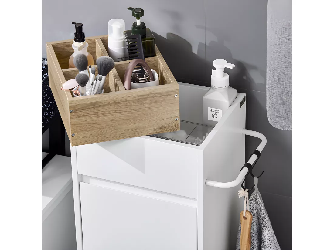 SoBuy Armoire à Linge Meuble Bas de Salle de Bain Corbeille à Linge Meuble de Rangement avec 4 Petits Compartiments Ouverts et 1 Panier à Linge Amovible, Blanc, 35x30x90 cm, BZR159-W